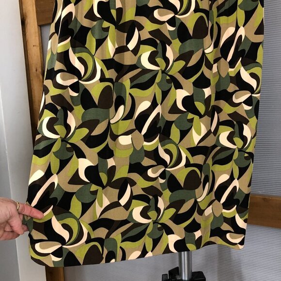 Tahari ASL Abstract Print Green Brown Cream Sleeveless Midi Dress Sz14 - Picture 5 of 16